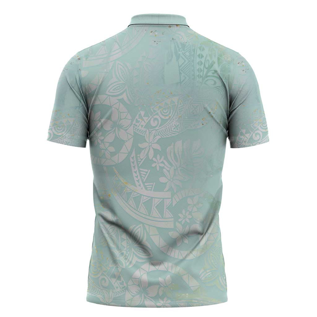 Polynesian Tiare Monstera Seafoam Green Zipper Polo Shirt Liquid Style - Polynesian Pride