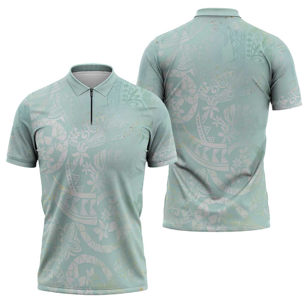 Polynesian Tiare Monstera Seafoam Green Zipper Polo Shirt Liquid Style - Polynesian Pride