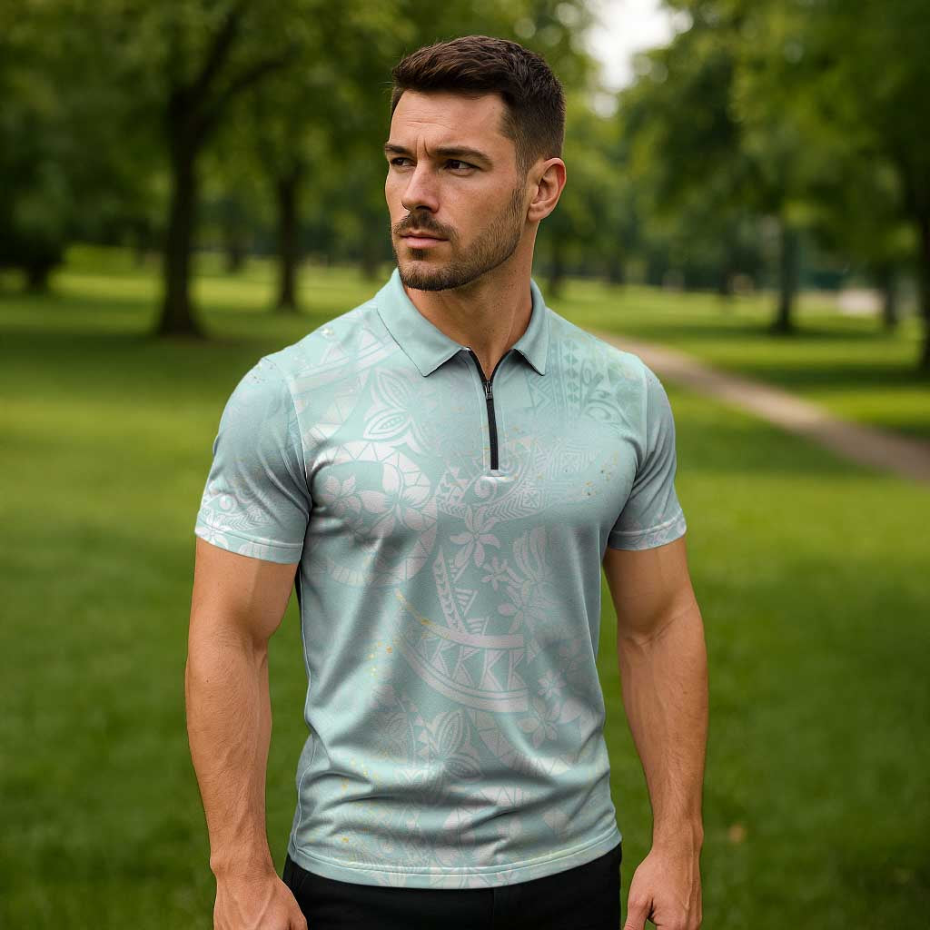 Polynesian Tiare Monstera Seafoam Green Zipper Polo Shirt Liquid Style - Polynesian Pride
