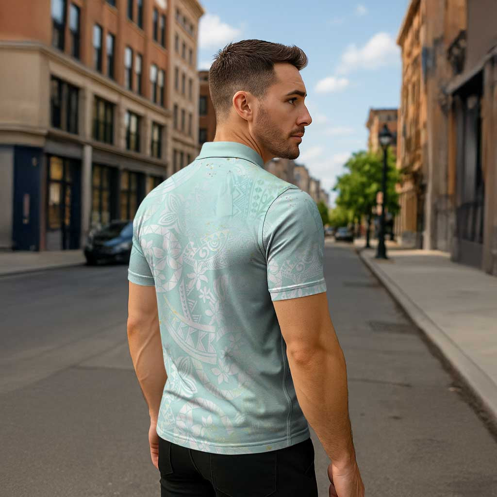 Polynesian Tiare Monstera Seafoam Green Zipper Polo Shirt Liquid Style - Polynesian Pride