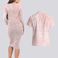 Polynesian Tiare Monstera Soft Pink Couples Matching Long Sleeve Bodycon Dress and Hawaiian Shirt Liquid Style - Polynesian Pride