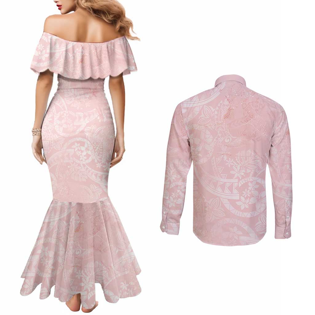 Polynesian Tiare Monstera Soft Pink Couples Matching Mermaid Dress and Long Sleeve Button Shirt Liquid Style - Polynesian Pride