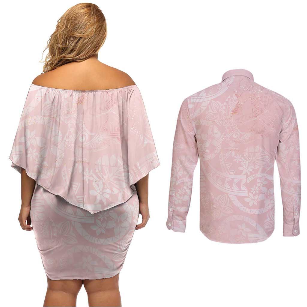Polynesian Tiare Monstera Soft Pink Couples Matching Off Shoulder Short Dress and Long Sleeve Button Shirt Liquid Style - Polynesian Pride