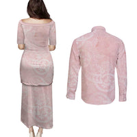 Polynesian Tiare Monstera Soft Pink Couples Matching Puletasi and Long Sleeve Button Shirt Liquid Style - Polynesian Pride