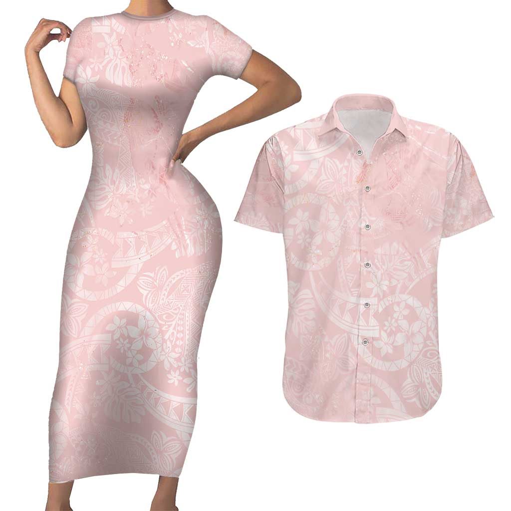 Polynesian Tiare Monstera Soft Pink Couples Matching Short Sleeve Bodycon Dress and Hawaiian Shirt Liquid Style - Polynesian Pride