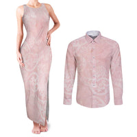 Polynesian Tiare Monstera Soft Pink Couples Matching Tank Maxi Dress and Long Sleeve Button Shirt Liquid Style - Polynesian Pride