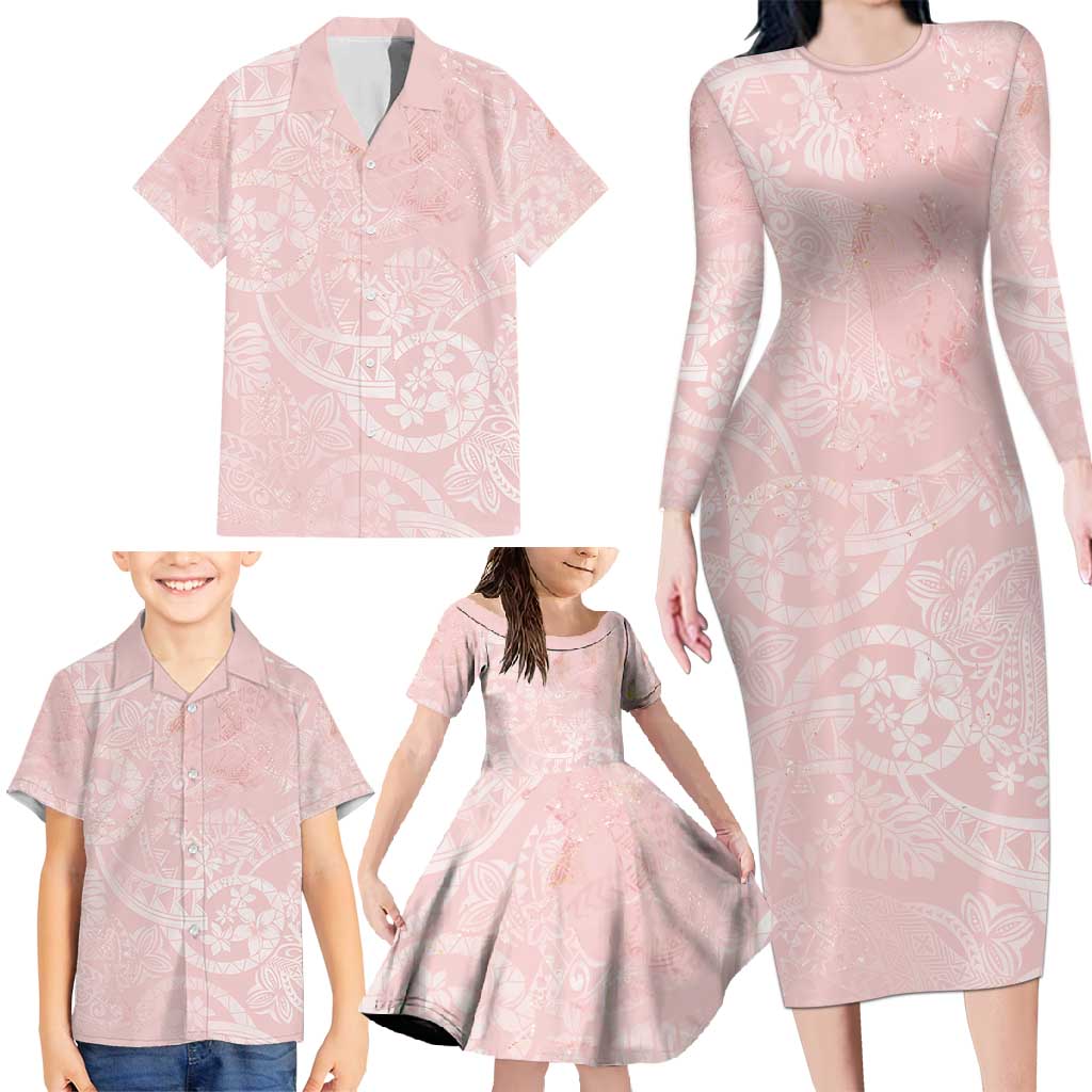 Polynesian Tiare Monstera Soft Pink Family Matching Long Sleeve Bodycon Dress and Hawaiian Shirt Liquid Style - Polynesian Pride