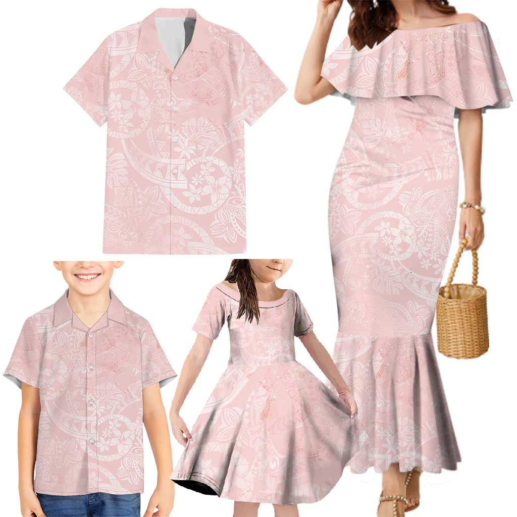 Polynesian Tiare Monstera Soft Pink Family Matching Mermaid Dress and Hawaiian Shirt Liquid Style - Polynesian Pride