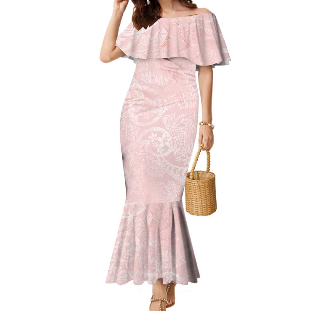 Polynesian Tiare Monstera Soft Pink Family Matching Mermaid Dress and Hawaiian Shirt Liquid Style - Polynesian Pride