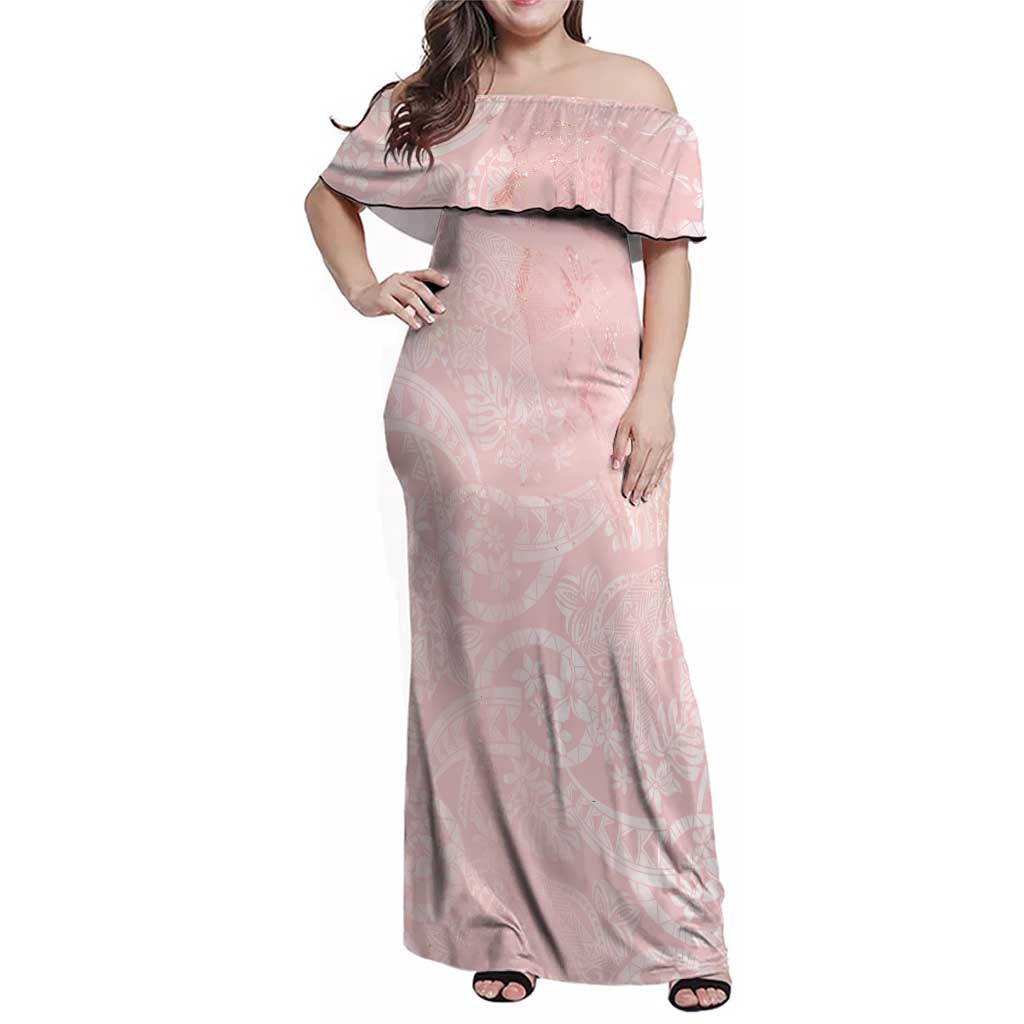 Polynesian Tiare Monstera Soft Pink Family Matching Off Shoulder Maxi Dress and Hawaiian Shirt Liquid Style - Polynesian Pride