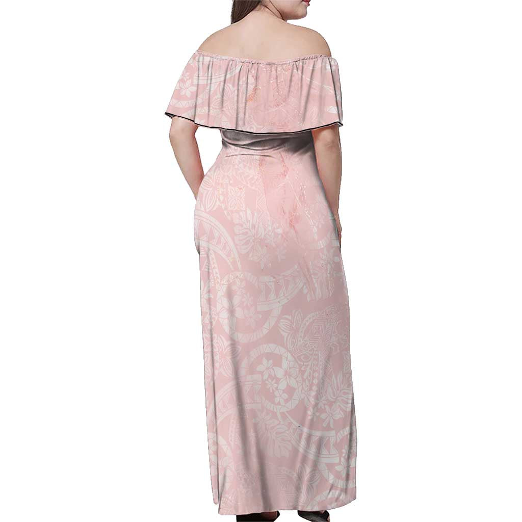 Polynesian Tiare Monstera Soft Pink Family Matching Off Shoulder Maxi Dress and Hawaiian Shirt Liquid Style - Polynesian Pride