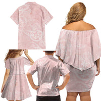 Polynesian Tiare Monstera Soft Pink Family Matching Off Shoulder Short Dress and Hawaiian Shirt Liquid Style - Polynesian Pride