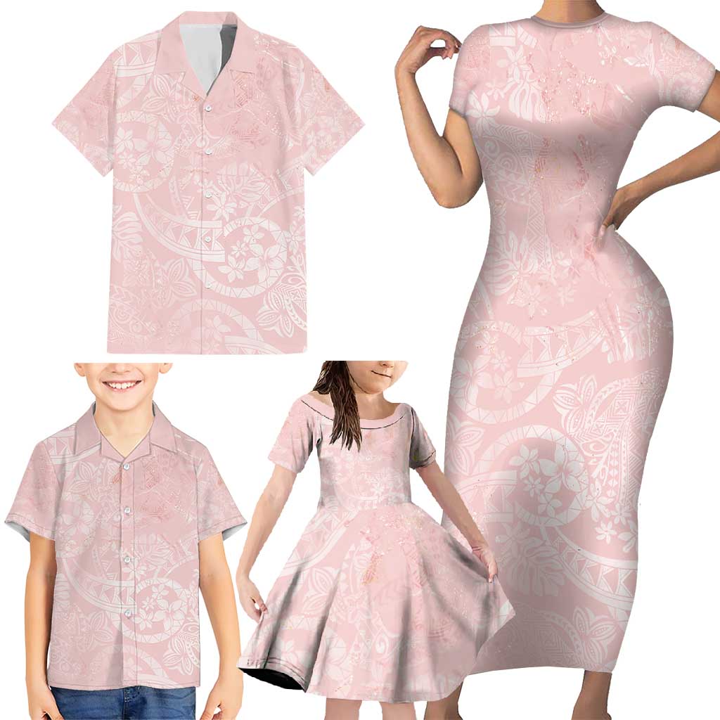 Polynesian Tiare Monstera Soft Pink Family Matching Short Sleeve Bodycon Dress and Hawaiian Shirt Liquid Style - Polynesian Pride