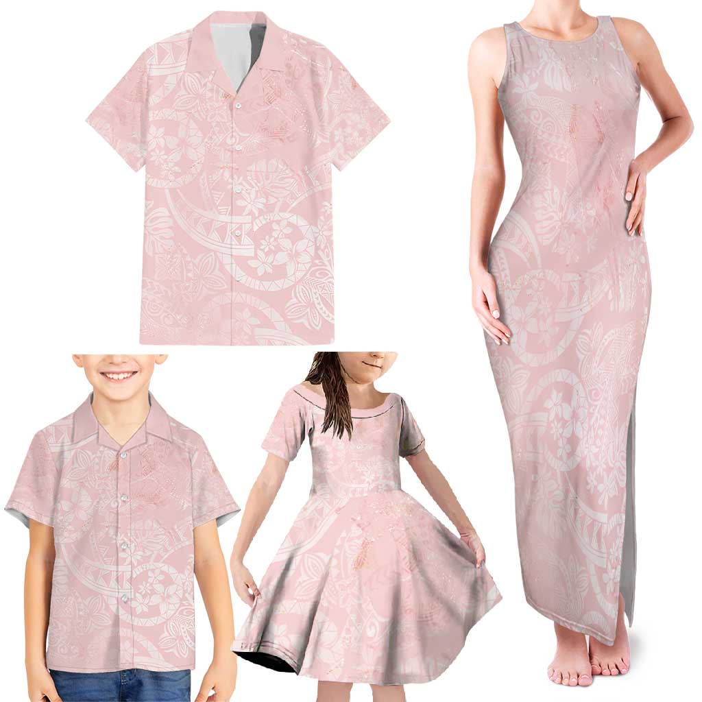 Polynesian Tiare Monstera Soft Pink Family Matching Tank Maxi Dress and Hawaiian Shirt Liquid Style - Polynesian Pride