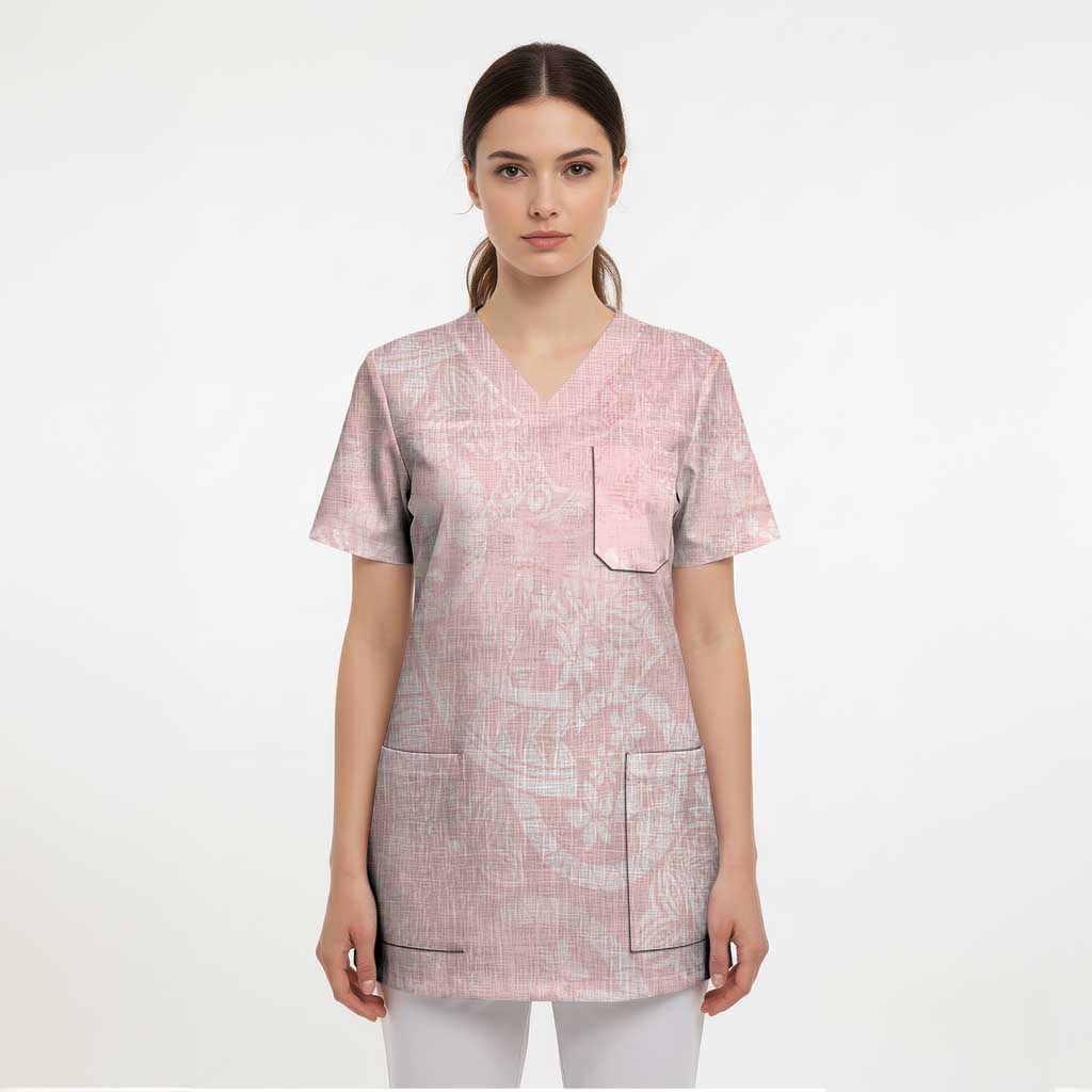 Polynesian Tiare Monstera Soft Pink Scrub Top Liquid Style - Polynesian Pride