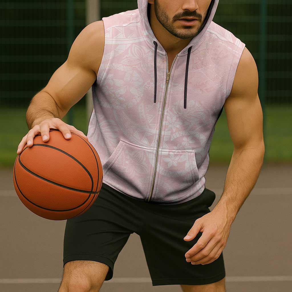 Polynesian Tiare Monstera Soft Pink Sleeveless Zip Hoodie Liquid Style - Polynesian Pride