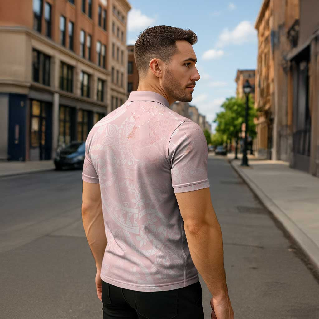 Polynesian Tiare Monstera Soft Pink Zipper Polo Shirt Liquid Style - Polynesian Pride