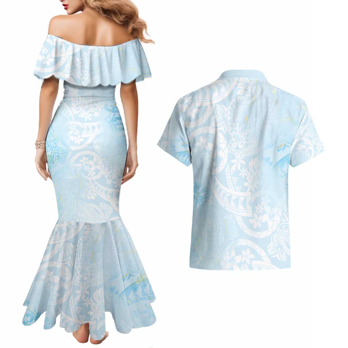 Polynesian Tiare Monstera Baby Blue Couples Matching Mermaid Dress and Hawaiian Shirt Liquid Style - Polynesian Pride