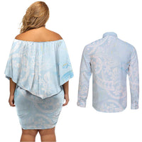 Polynesian Tiare Monstera Baby Blue Couples Matching Off Shoulder Short Dress and Long Sleeve Button Shirt Liquid Style - Polynesian Pride