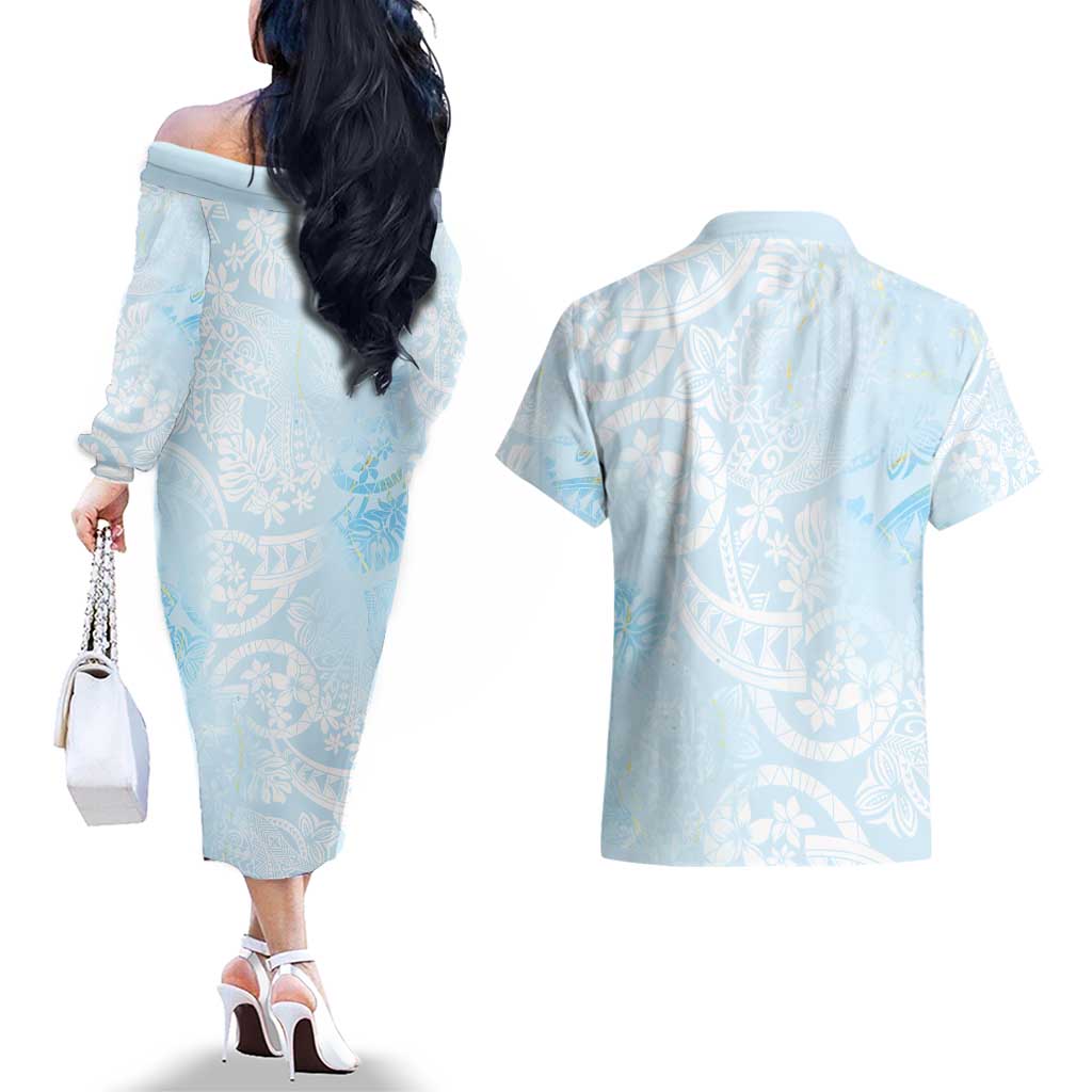 Polynesian Tiare Monstera Baby Blue Couples Matching Off The Shoulder Long Sleeve Dress and Hawaiian Shirt Liquid Style - Polynesian Pride