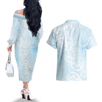 Polynesian Tiare Monstera Baby Blue Couples Matching Off The Shoulder Long Sleeve Dress and Hawaiian Shirt Liquid Style - Polynesian Pride