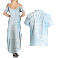 Polynesian Tiare Monstera Baby Blue Couples Matching Summer Maxi Dress and Hawaiian Shirt Liquid Style - Polynesian Pride