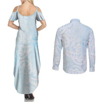 Polynesian Tiare Monstera Baby Blue Couples Matching Summer Maxi Dress and Long Sleeve Button Shirt Liquid Style - Polynesian Pride