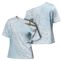 Polynesian Tiare Monstera Baby Blue Cross Shoulder Shirt Liquid Style - Polynesian Pride
