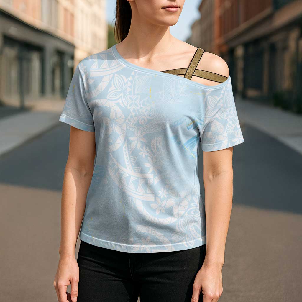 Polynesian Tiare Monstera Baby Blue Cross Shoulder Shirt Liquid Style - Polynesian Pride