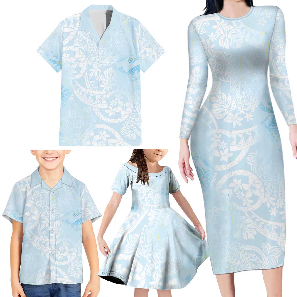 Polynesian Tiare Monstera Baby Blue Family Matching Long Sleeve Bodycon Dress and Hawaiian Shirt Liquid Style - Polynesian Pride