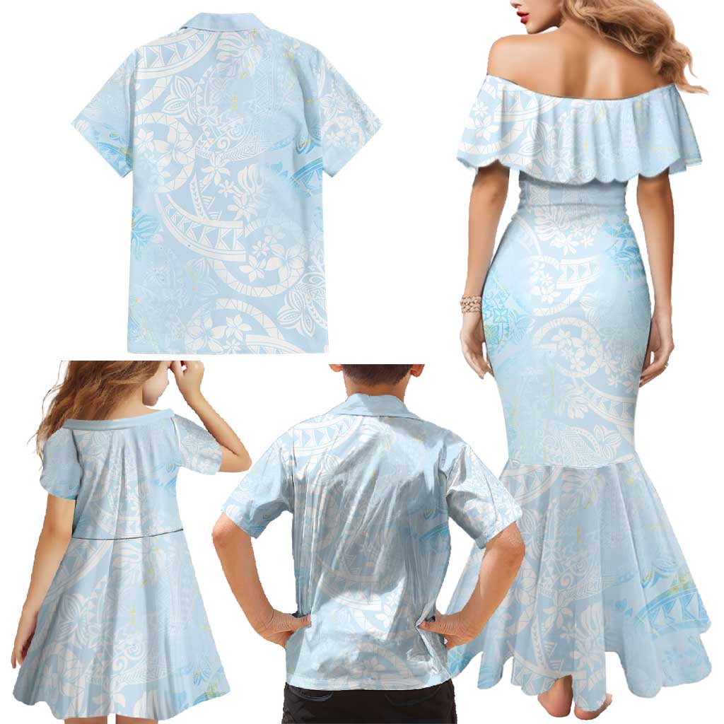 Polynesian Tiare Monstera Baby Blue Family Matching Mermaid Dress and Hawaiian Shirt Liquid Style - Polynesian Pride