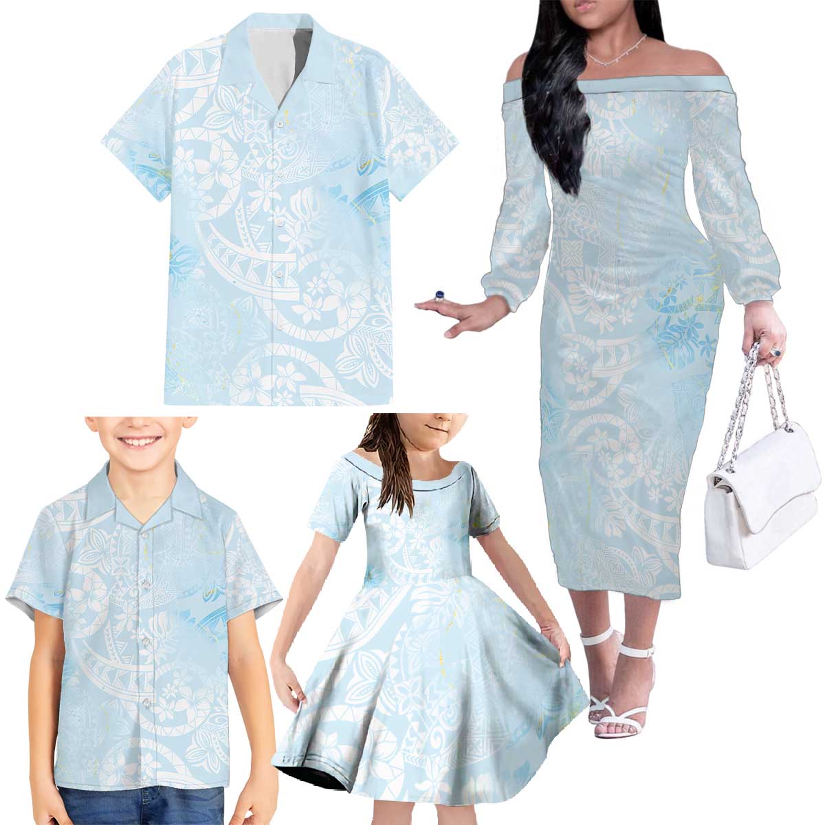 Polynesian Tiare Monstera Baby Blue Family Matching Off The Shoulder Long Sleeve Dress and Hawaiian Shirt Liquid Style - Polynesian Pride