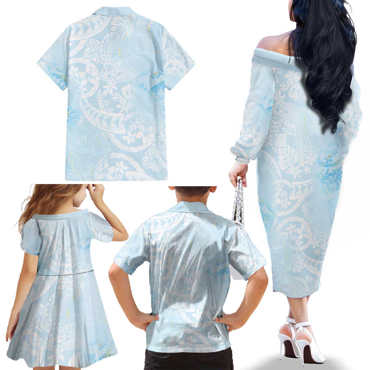 Polynesian Tiare Monstera Baby Blue Family Matching Off The Shoulder Long Sleeve Dress and Hawaiian Shirt Liquid Style - Polynesian Pride