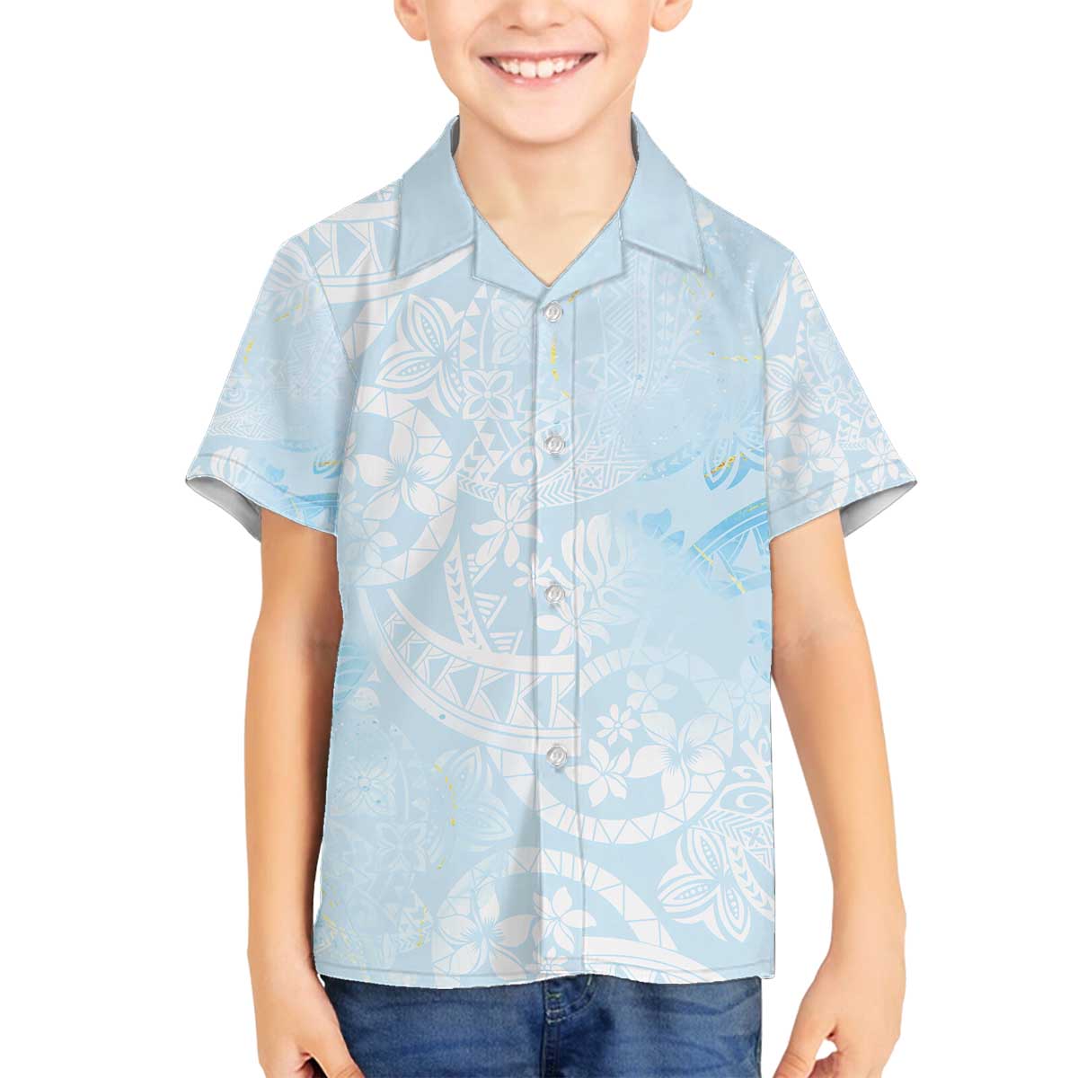 Polynesian Tiare Monstera Baby Blue Family Matching Off The Shoulder Long Sleeve Dress and Hawaiian Shirt Liquid Style - Polynesian Pride