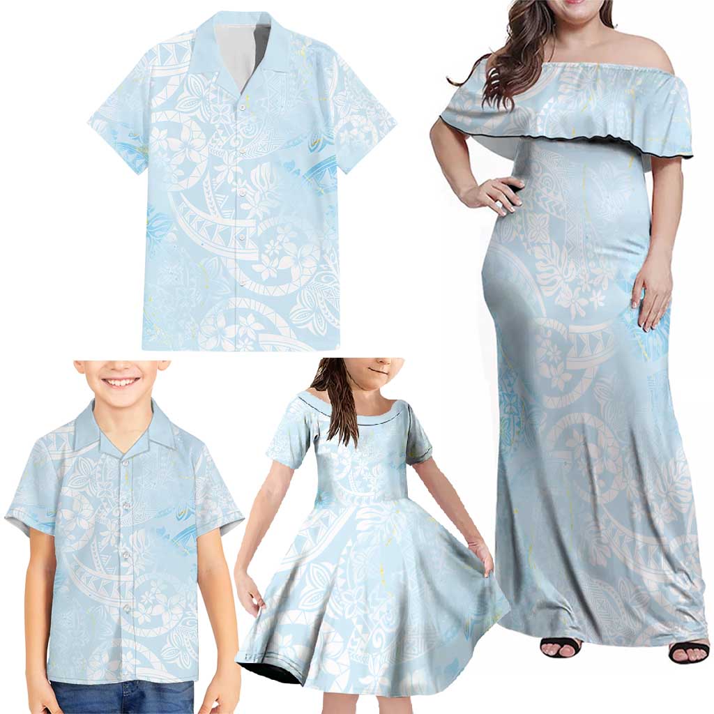 Polynesian Tiare Monstera Baby Blue Family Matching Off Shoulder Maxi Dress and Hawaiian Shirt Liquid Style - Polynesian Pride
