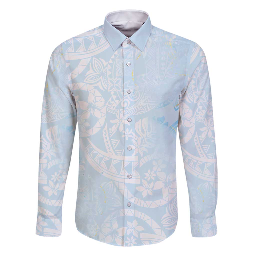 Polynesian Tiare Monstera Baby Blue Family Matching Off Shoulder Short Dress and Hawaiian Shirt Liquid Style - Polynesian Pride