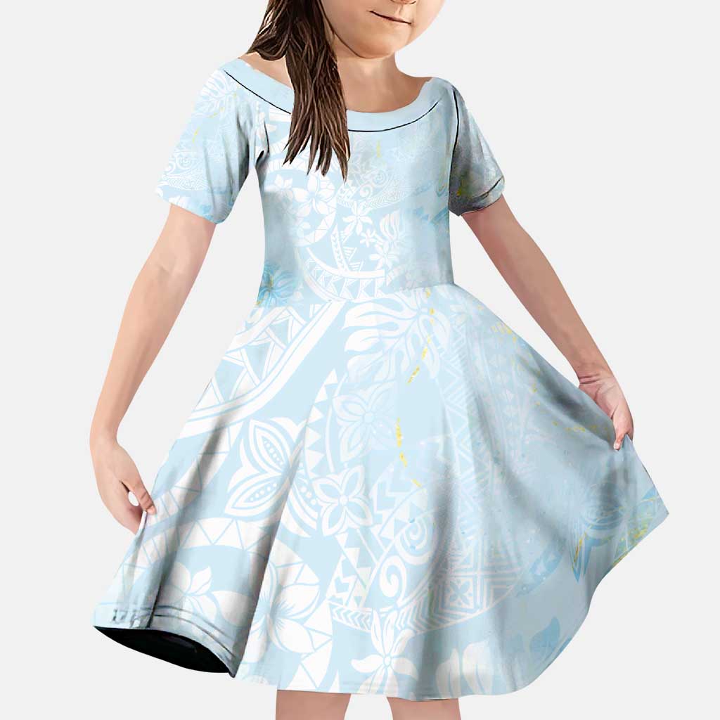 Polynesian Tiare Monstera Baby Blue Family Matching Puletasi and Hawaiian Shirt Liquid Style LT01 Daughter's Dress Blue - Polynesian Pride