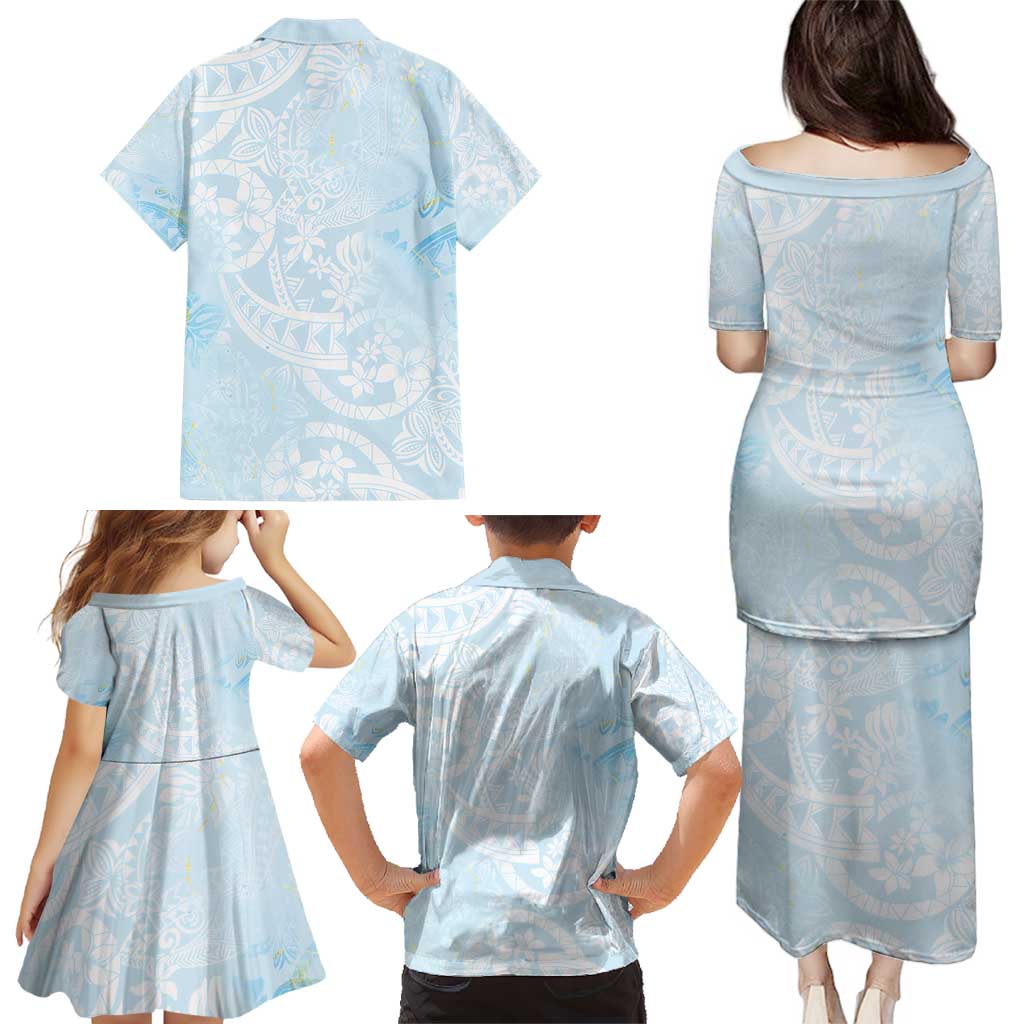 Polynesian Tiare Monstera Baby Blue Family Matching Puletasi and Hawaiian Shirt Liquid Style LT01 - Polynesian Pride