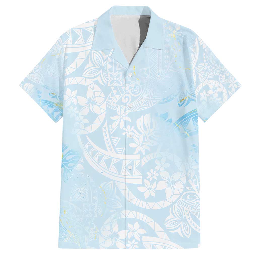 Polynesian Tiare Monstera Baby Blue Family Matching Puletasi and Hawaiian Shirt Liquid Style LT01 Dad's Shirt - Short Sleeve Blue - Polynesian Pride