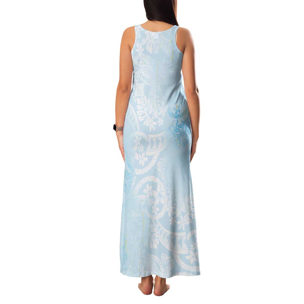 Polynesian Tiare Monstera Baby Blue Family Matching Tank Maxi Dress and Hawaiian Shirt Liquid Style - Polynesian Pride
