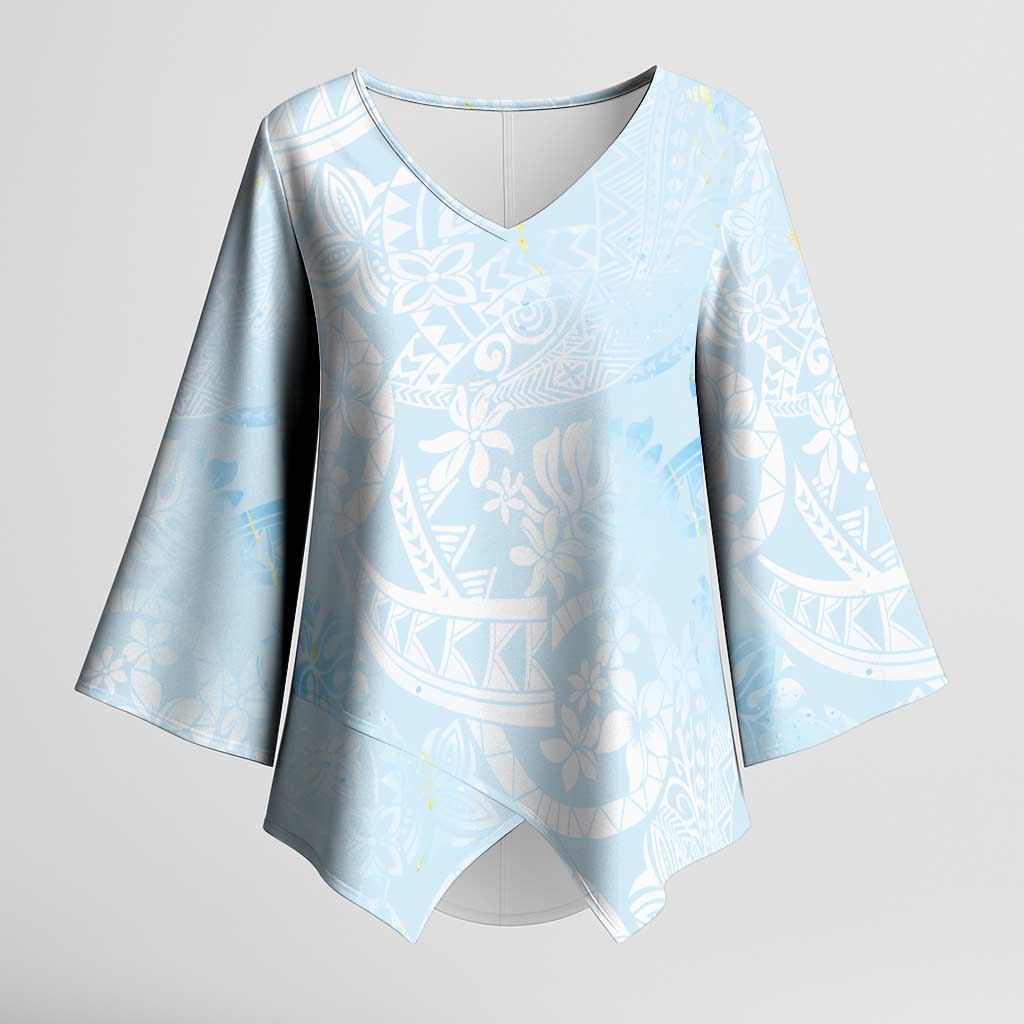 Polynesian Tiare Monstera Baby Blue Kimono Sleeve Blouse Liquid Style - Polynesian Pride