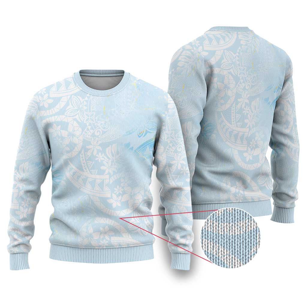 Polynesian Tiare Monstera Baby Blue Ugly Christmas Sweater Liquid Style - Polynesian Pride