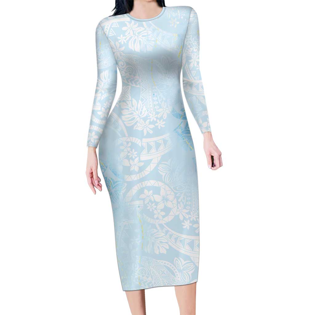 Polynesian Tiare Monstera Baby Blue Long Sleeve Bodycon Dress Liquid Style - Polynesian Pride