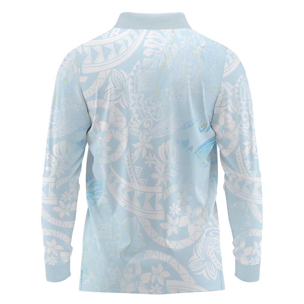 Polynesian Tiare Monstera Baby Blue Long Sleeve Polo Shirt Liquid Style - Polynesian Pride