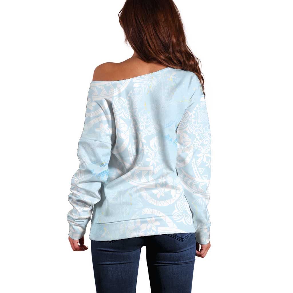 Polynesian Tiare Monstera Baby Blue Off Shoulder Sweater Liquid Style - Polynesian Pride