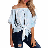 Polynesian Tiare Monstera Baby Blue Off Shoulder Wrap Waist Top Liquid Style LT01 - Polynesian Pride