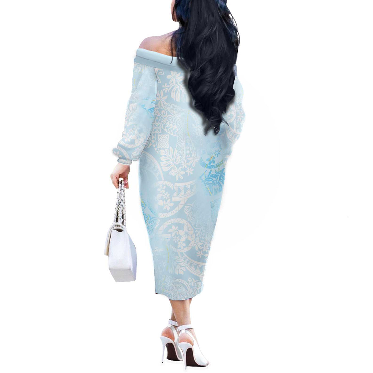 Polynesian Tiare Monstera Baby Blue Off The Shoulder Long Sleeve Dress Liquid Style - Polynesian Pride