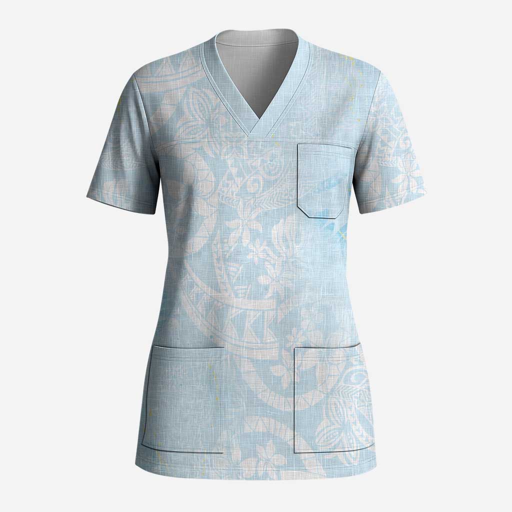 Polynesian Tiare Monstera Baby Blue Scrub Top Liquid Style - Polynesian Pride