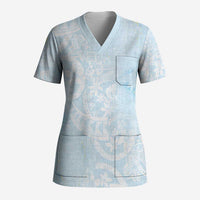 Polynesian Tiare Monstera Baby Blue Scrub Top Liquid Style - Polynesian Pride