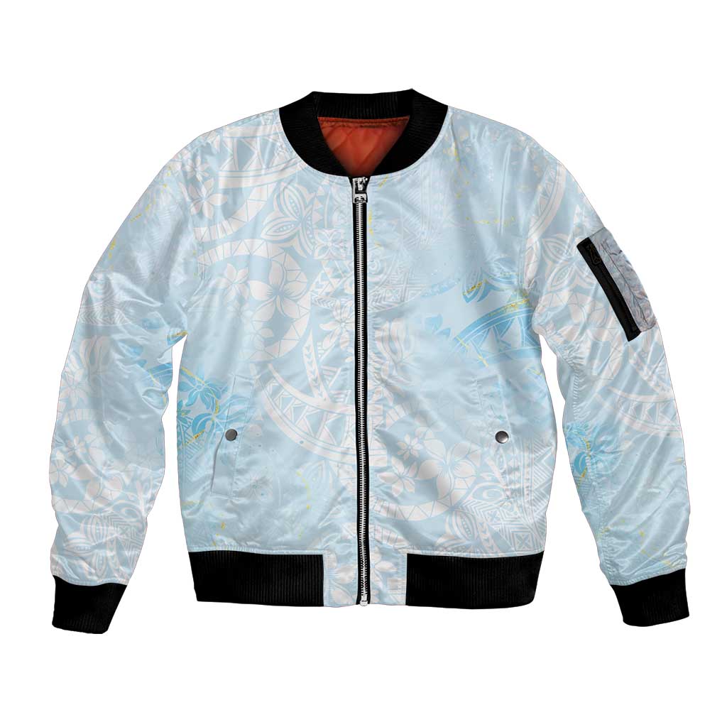 Polynesian Tiare Monstera Baby Blue Sleeve Zip Bomber Jacket Liquid Style - Polynesian Pride